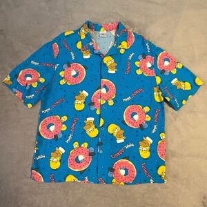 The Simpsons Shirt Mens Medium Button Front Short Sleeve Homer Donut Print 90s
